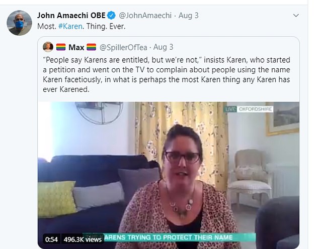 Retweeting a video of three women called Karen appearing on This Morning yesterday to defend their name, the former NBA player wrote: 